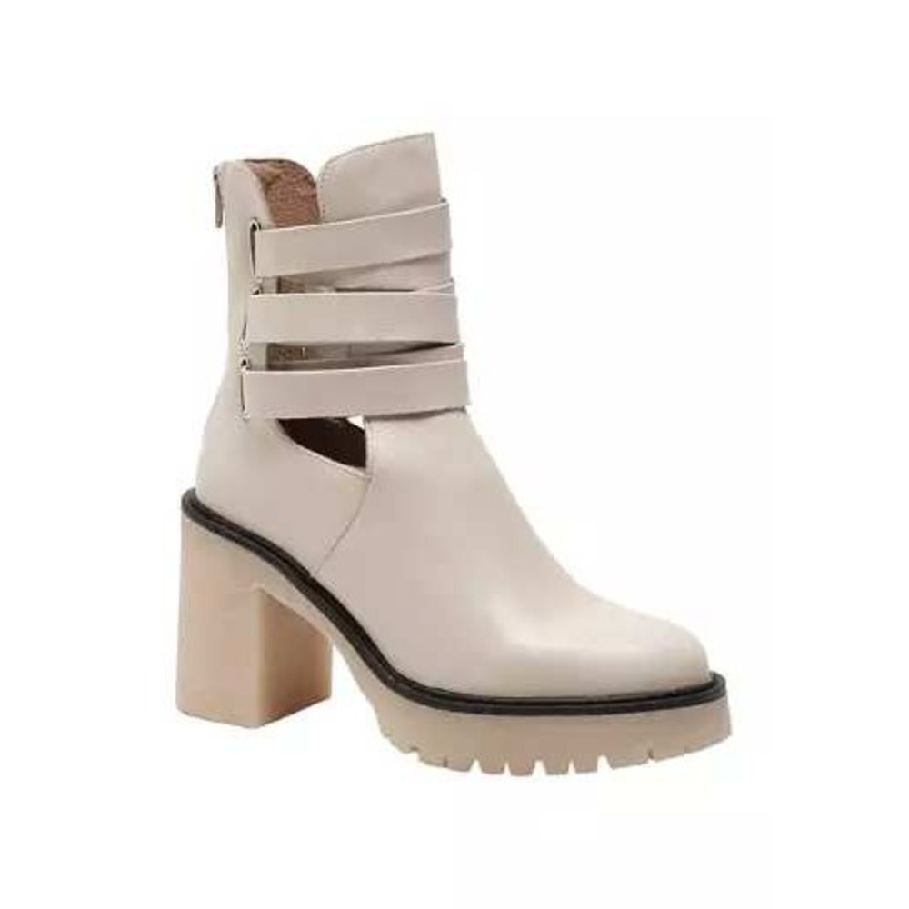 Free People Cream Strappy Cutout Block Heel Ankle Boots